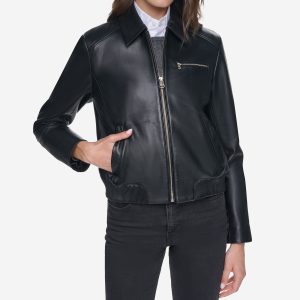 Women's Smooth Leather Bomber Jacket with Chest Pocket