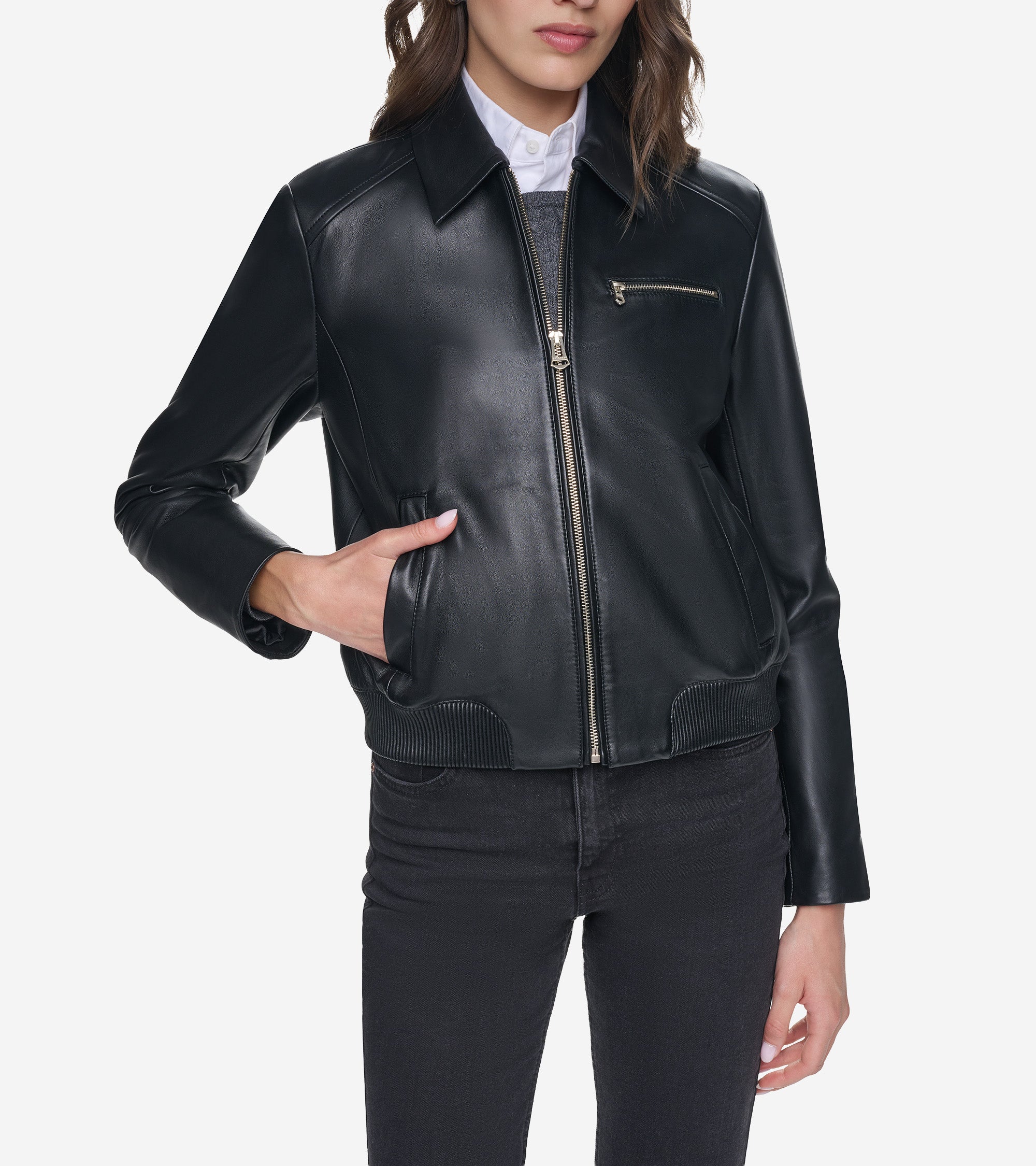 Women's Smooth Leather Bomber Jacket with Chest Pocket